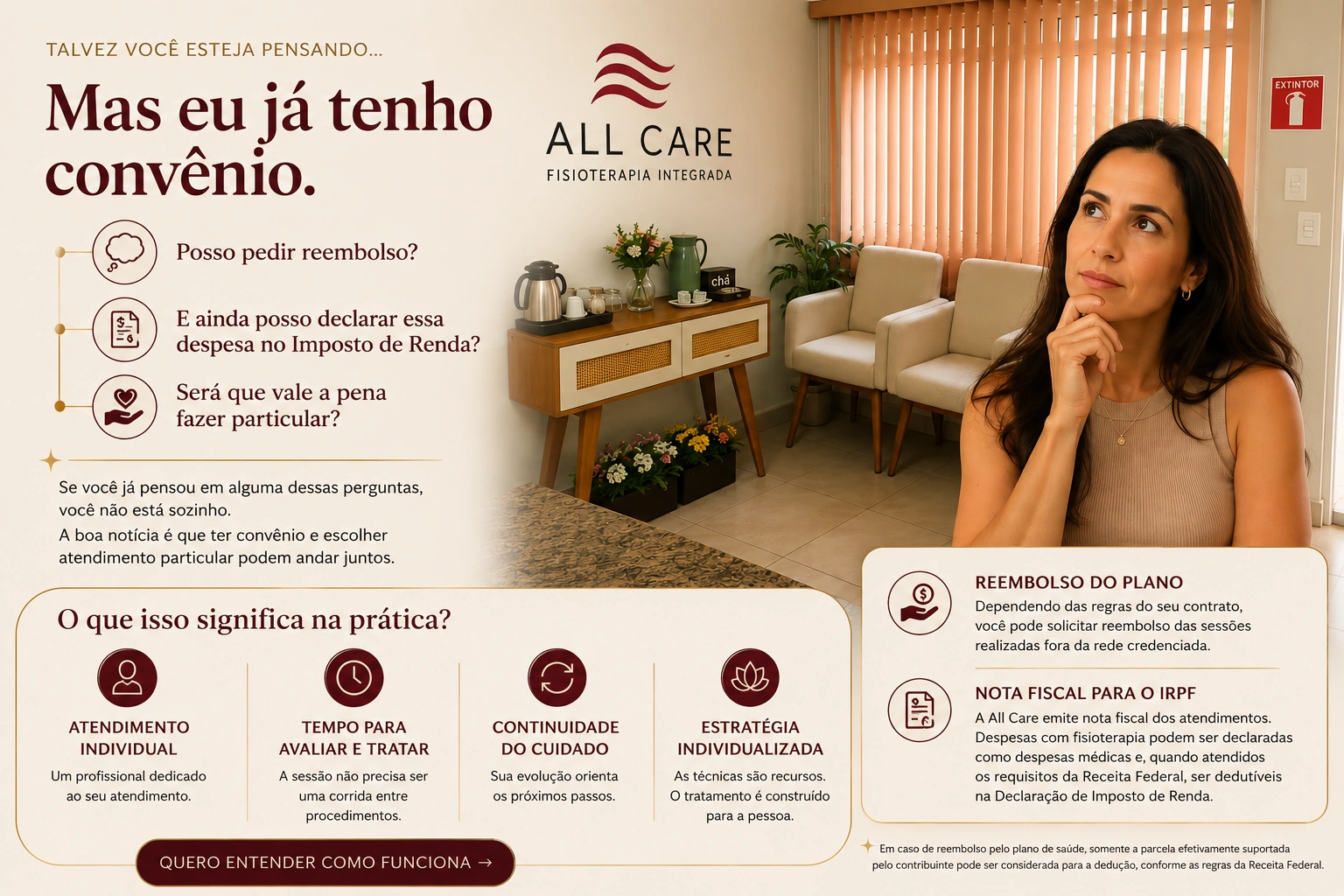 Atendimento particular na All Care Fisioterapia Integrada: informações sobre atendimento individual, reembolso do plano de saúde e nota fiscal para despesas de fisioterapia.